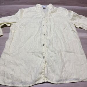 Jillian Jones 100% Linen Button Down Shirt Womens Medium pale Yellow 3/4 Sleeve